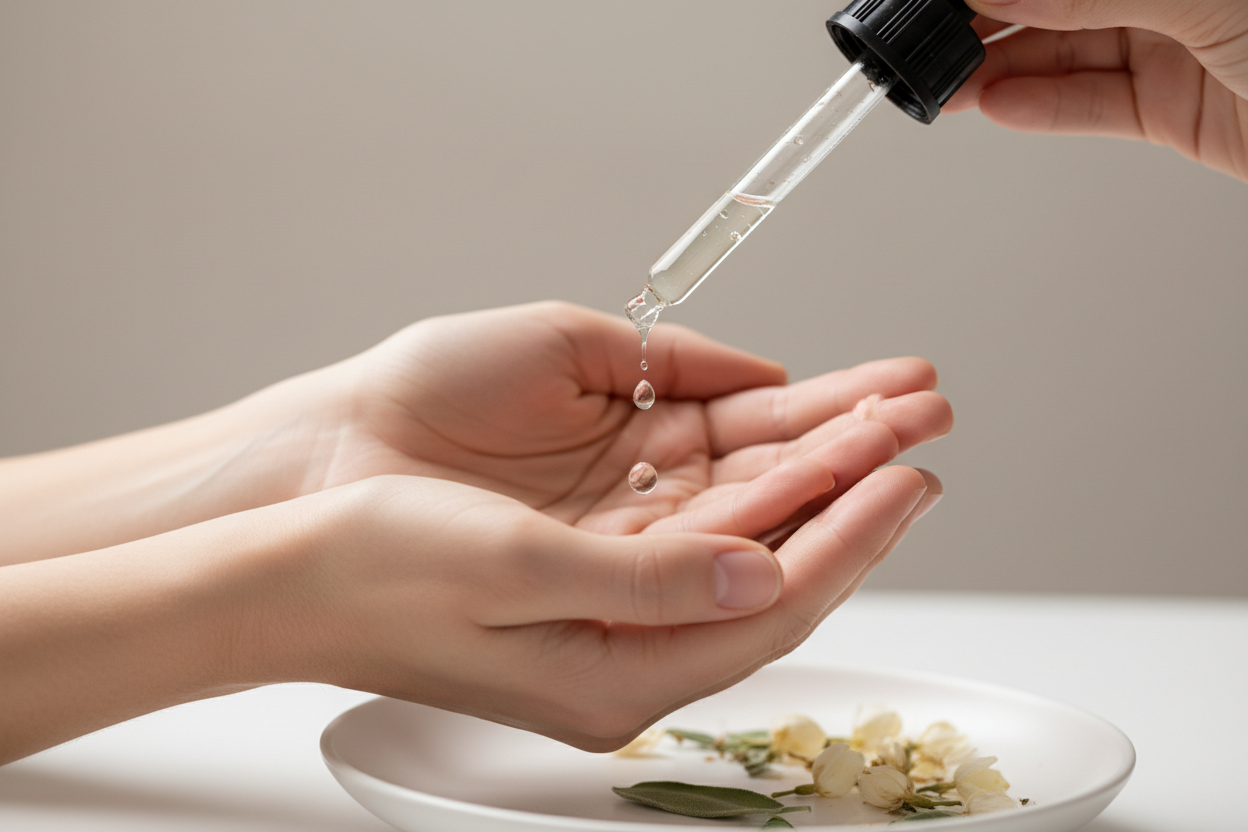 pipet met clear olie in handen drupplen